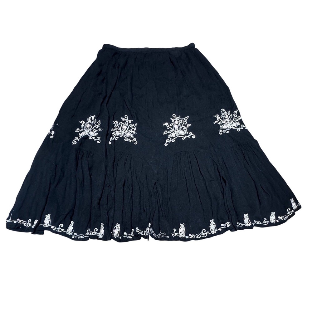 Bila Embroidered Midi Skirt Womens Large Black Sequin Boho Tiered Rayon